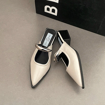 Summer Women Cover Toe Mules Slippers Fashion Metal Decoration Thick Heel Slide Shoes Comfort Street Style Footwear