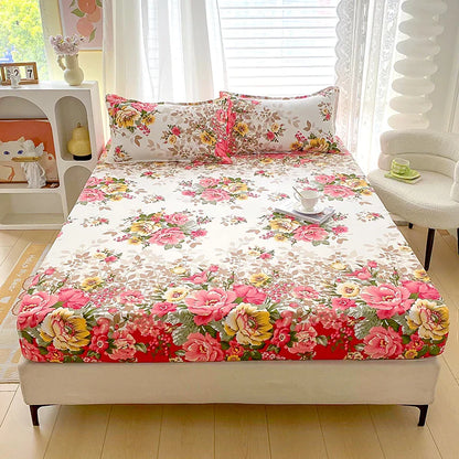 Red Flower Printed Bed Sheet Sets Queen/King Size sabanas cama matrimonial Reactive Printed Fitted Bedsheets for Double Bed