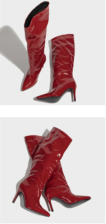 Liyke Fashion Runway Pleated Patent Leather Boots Female Pointed Toe Stiletto Heels Pumps Autumn Winter Knee High Shoes Women