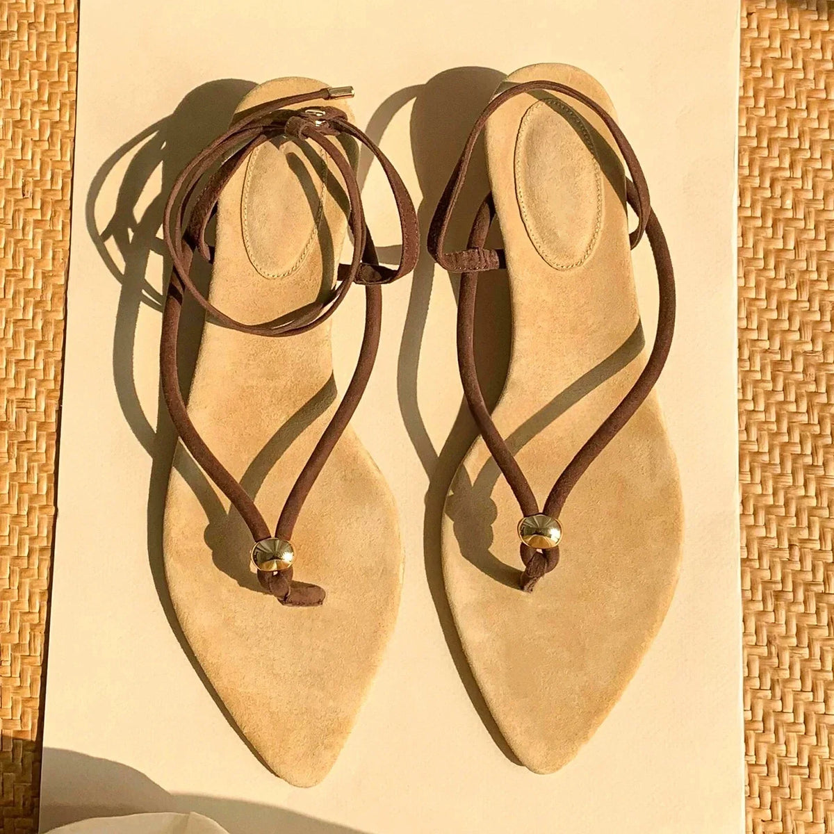 Women's Brown Lace-Up Thong Pointed Toe Wedge Heel Sandals Elegant Classic Clip-Toe Design Ladies Summer Retro Casual Shoes