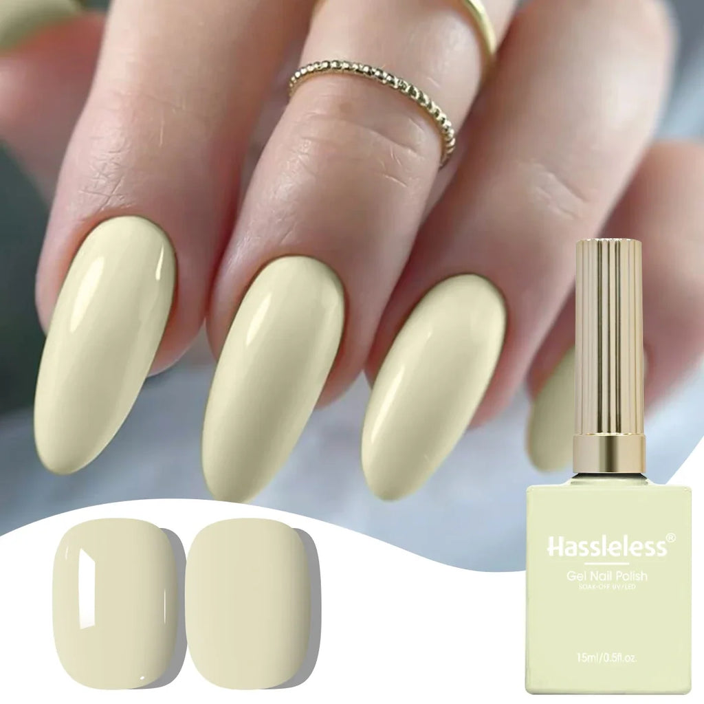 Hassleless 1 Bottle (15ml) Pale Yellow Solid-Color Nail Gel — Simple, Beginner-Friendly Soak-Off Gel Polish, Suitable for All Se