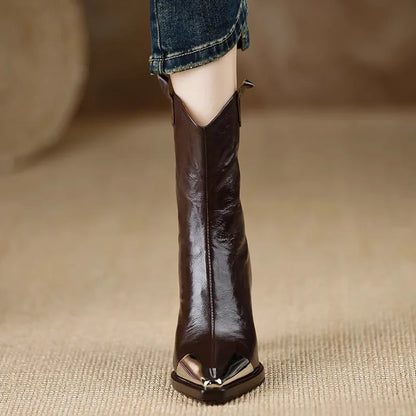 2024 New Metal Square Toe Ankle Boots for Women Fashion Patent Leather Women's Shoes Botas Mujer High Heels Shoes Women Zapatos