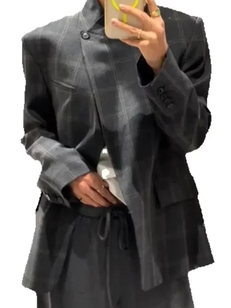 Chic Plaid Women Blazer Jackets Casual Split Loose Stand Collar Full Sleeve Short Jacket 2026 Lady Fashion Daily Commute Outwear