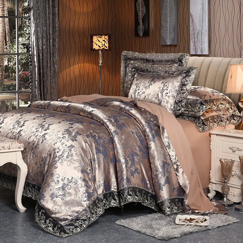 Luxury Jacquard Bedding Set Tencel Modal Duvet Cover 4PCS with Lace Satin Bed Sheet Pillowcases King and Queen Size Home Textile