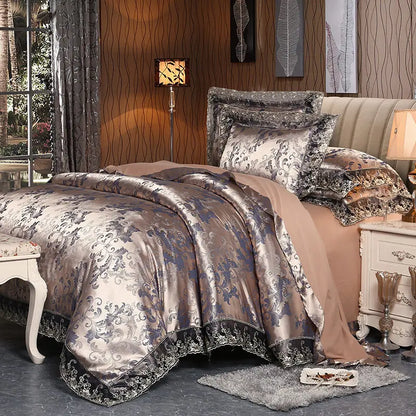 Luxury Jacquard Bedding Set Tencel Modal Duvet Cover 4PCS with Lace Satin Bed Sheet Pillowcases King and Queen Size Home Textile