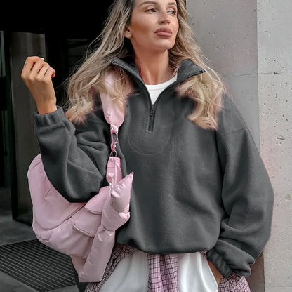 Women Autumn Winter Fleece Hoodies Elegant Stand Collar Zipper Loose Sweatshirt Elegant Solid Pullover Casual Top Streetwear