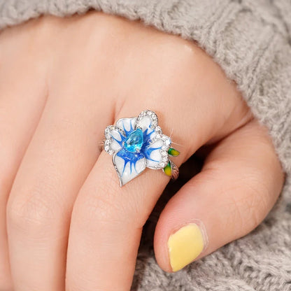 Huitan Gorgeous Creative Rings with Blue Flower Designed Elegant Temperament Party Jewelry for Women Delicate Finger Accessories