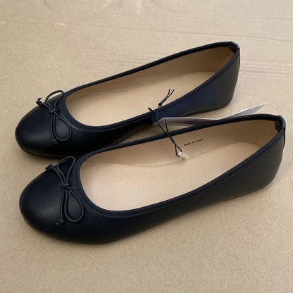 Aneikeh Spring Autumn Elegant Bowknot Ballerina Flat Women's Round Toe Comfort Slip-On Loafers Black Leather Mules Ladies Shoes