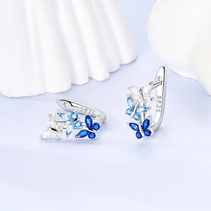 Original 925 Sterling Silver Blue Zirconium Butterfly Earrings Colored Hoop Earring Women Female Party Fine Earring Jewelry Gift