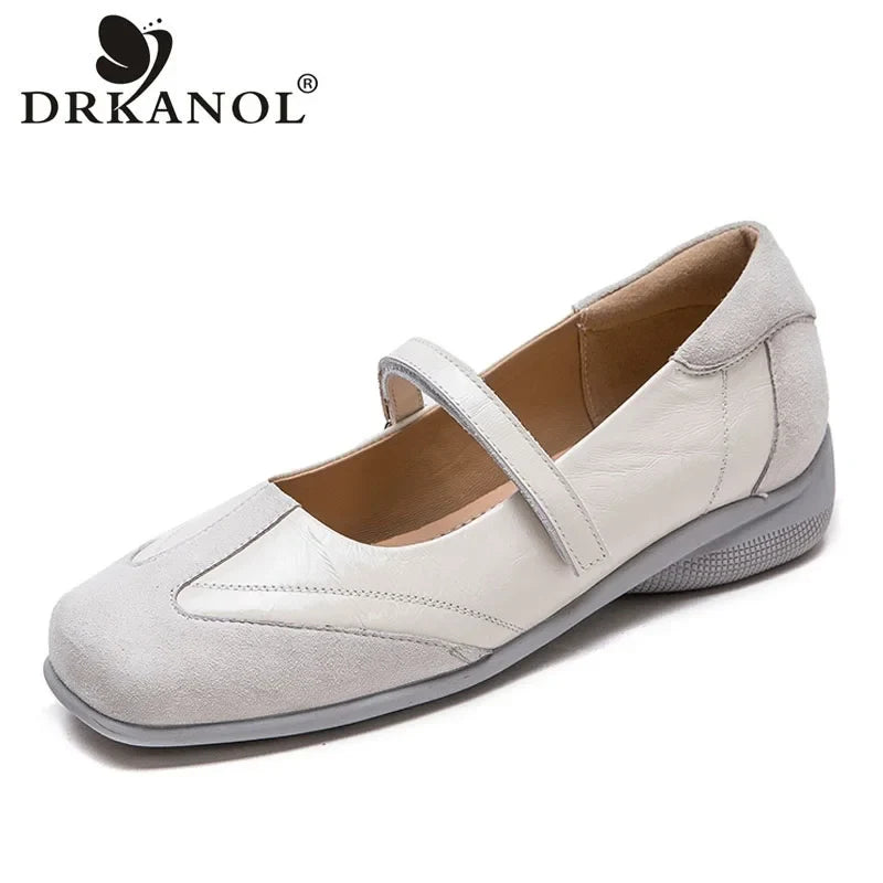 DRKANOL 2026 Women Genuine Leather Flat Shoes Summer Shallow Sheepskin Hook And Loop Casual Loafers Ladies Low Heel Single Shoes