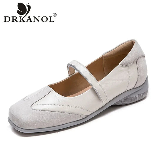 DRKANOL 2026 Women Genuine Leather Flat Shoes Summer Shallow Sheepskin Hook And Loop Casual Loafers Ladies Low Heel Single Shoes