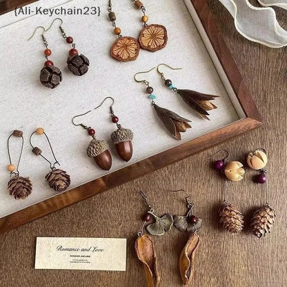 1Pair Vintage Wooden Plant Earring For Women Creative Natural Plant Dried Fruits Drop Earrings Ethnic Jewelry