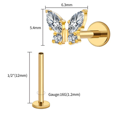 Right Grand ASTM F136 Titanium 16G Mini Butterfly CZ Labret Tragus Cartilage Conch Forward Helix Stud Nose Piercing Body Jewelry