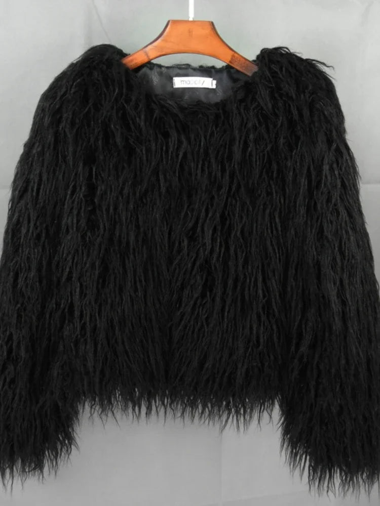 Colorful Warm Faux Women Fur Coat  Black White Pink Plush Coat Female Jacket Fur Autumn Winter Shaggy Outerwear High Street 2025