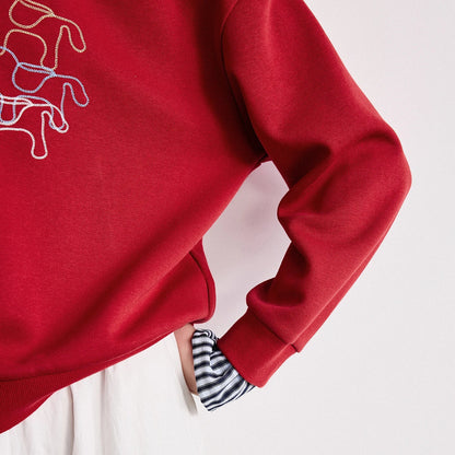 TOYOUTH Women Crewneck Patchwork Plaid Fake Two-Piece Pony Embroidery Loose Sweatshirt 2026 Spring New Tops