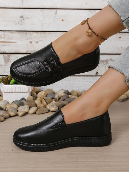 Women's Spring Autumn Leather Loafers Floral Embossed Slip‑On Flats Anti‑Slip Comfort Casual Mom Daily Walking Free Shipping