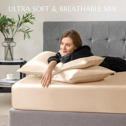 3pcs Set 100% Mulberry Silk Bed Sheet Set with 1pc Fitted Sheet and 2pcs Pillowcase Mattress Cover for Double King Queen Size
