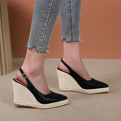 LIHUAMAO wedge ankle strap pointed toe shoes women slingback heels platform espadrilles shoes lady singback heel pumps