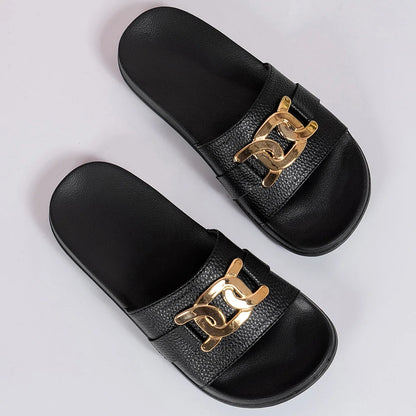 Women Summer Fashion Golden Buckle Anti-Slip, Lightweight, Comfortable, Breathable Round-Toed Indoor and Outdoor Slippers