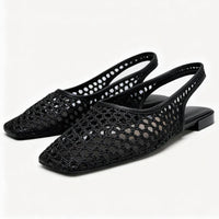 Weave Mesh Breathable Mules Sandals for Women Summer New Slingback Beach Shoes Casual Square Toe Fashion Ballet Flats Ladies