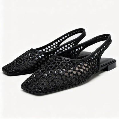 Weave Mesh Breathable Mules Sandals for Women Summer New Slingback Beach Shoes Casual Square Toe Fashion Ballet Flats Ladies