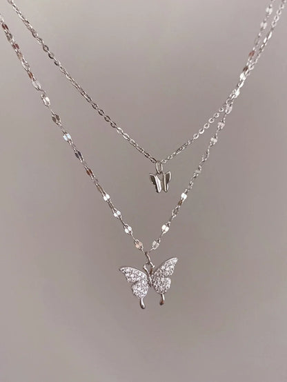 Double Layer Butterfly Necklace for Women, Lats Sparkling Collar Chain, Exquisite Jewelry, Banquet Party, Holiday Gift, 1