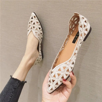Flat Shoes Women 2026 Summer Pointy Joker Hollow Leisure Commuter Flat Spring Elegant Women's Shoes Breathable Hole Shoes
