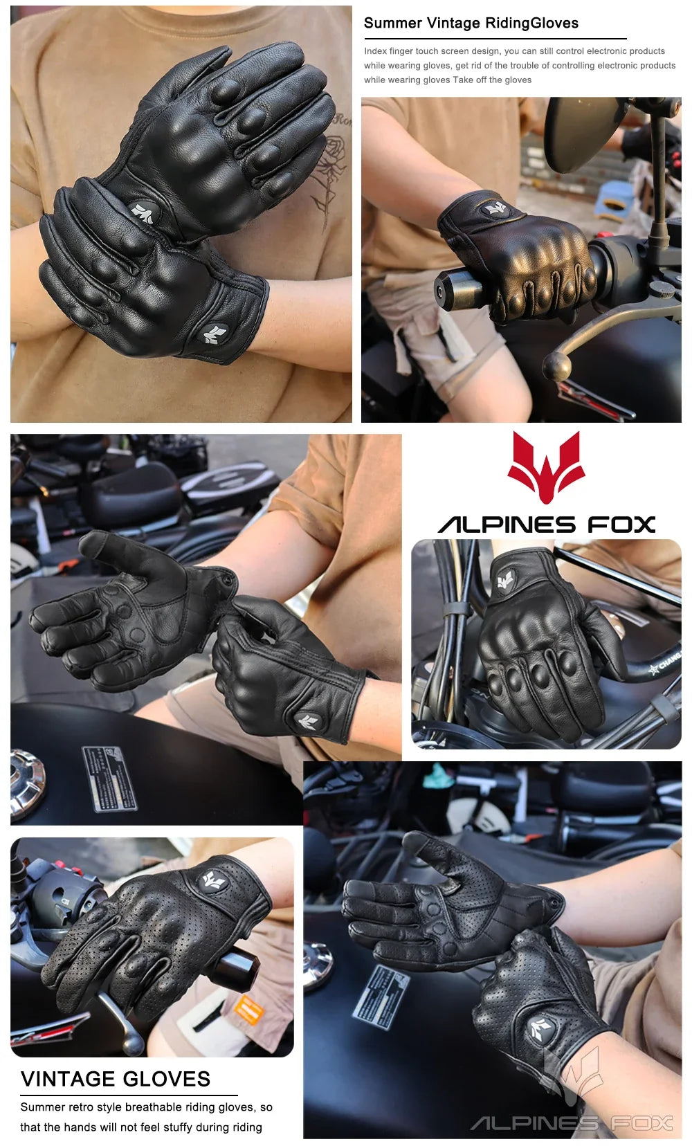 2023 Summer New Vintage Leather Motorcycle Gloves Men Black Wear-resistant Guantes Touchscreen Anti-slip Retro Motobiker Luvas