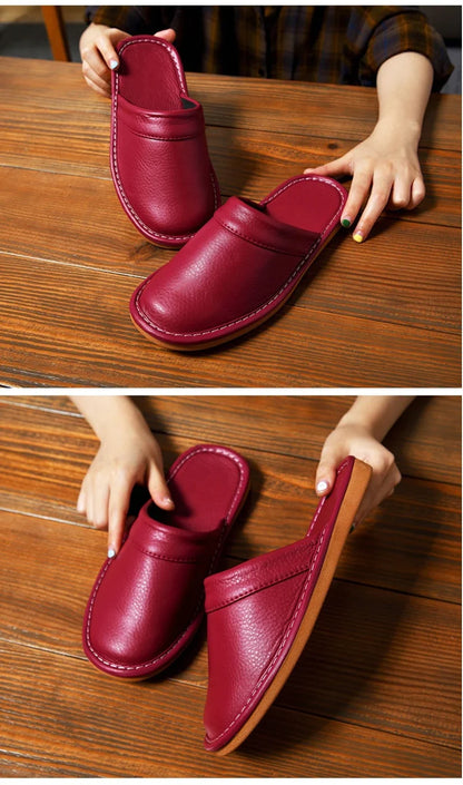 Luxury Men Leather Handmade Women Home Slippers Autumn Winter Plush Slip on Soft Black Brown Bedroom Indoor Flat Men Shoes