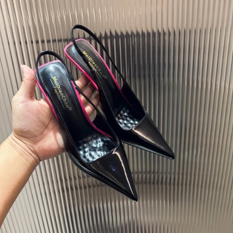New Patent Leather Pointed Back Hollow Thin Heel Women's Sandals High Heels Thin Heel Sexy Back Hollow Temperament Single Shoe