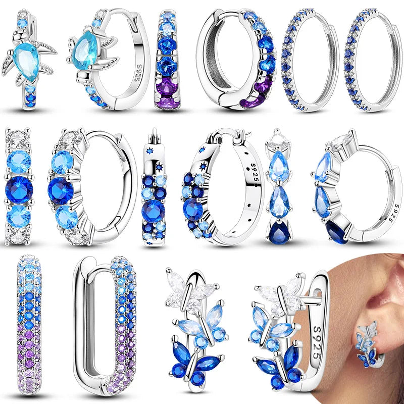 925 Sterling Silver Hoop Earring For Woman Night Sky Blue Purple Gemstone Original Earrings Fashion Jewelry Gift