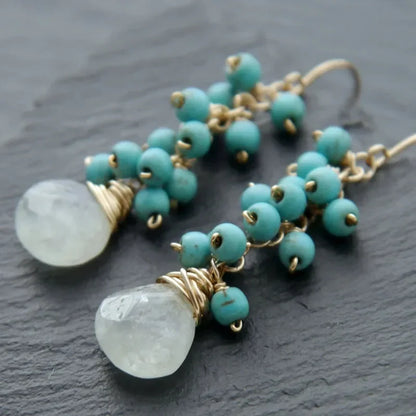 Aqua Chalcedony Labradorite Cluster Wire Wrapped Dangle Earrings