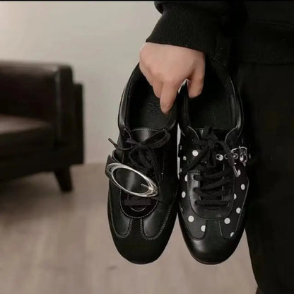 Korean Style Black Polka Dot Sneakers Women Spring 2026 Luxury Metal Decoration Designer Vulcanize Shoes Woman's Sports Shoes