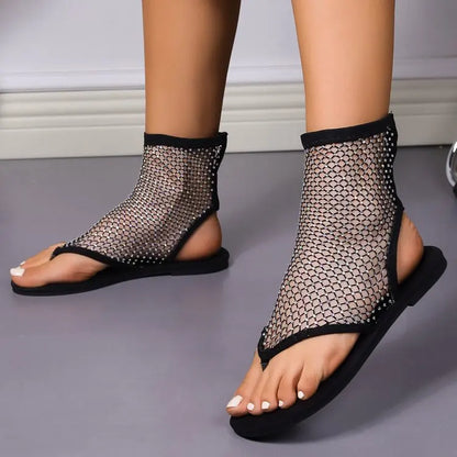 2026 Women's New Single Finger Toe Flat Bottom Short Boots Water Diamond Sexy Flat Bottom Shoes Sandals Slippers