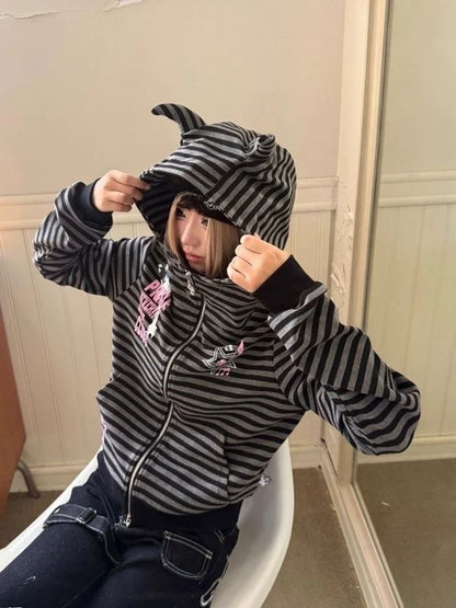 2000S American Vintage Striped Loose Long Sleeve Hooded Sweatshirt Y2k Subculture Casual Zip Up Hooded Cardigan Harajuku Coats