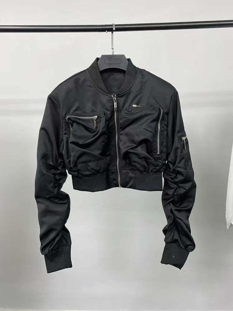 Y2k Bomber Jacket Women Baseball Jersey Jacket Zip Cropped Coat High Waist Spring Autumn Long Sleeve Outerwear Trend Tops Black