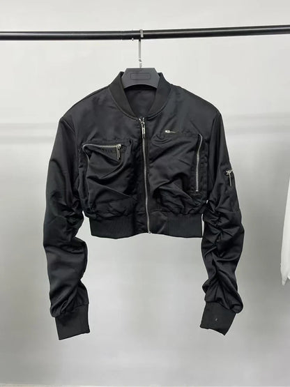 Y2k Bomber Jacket Women Baseball Jersey Jacket Zip Cropped Coat High Waist Spring Autumn Long Sleeve Outerwear Trend Tops Black