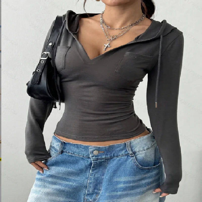 New Elegant Fashionable Pure Color V-Neck Long Sleeve Ladies Hoodie for Commuting
