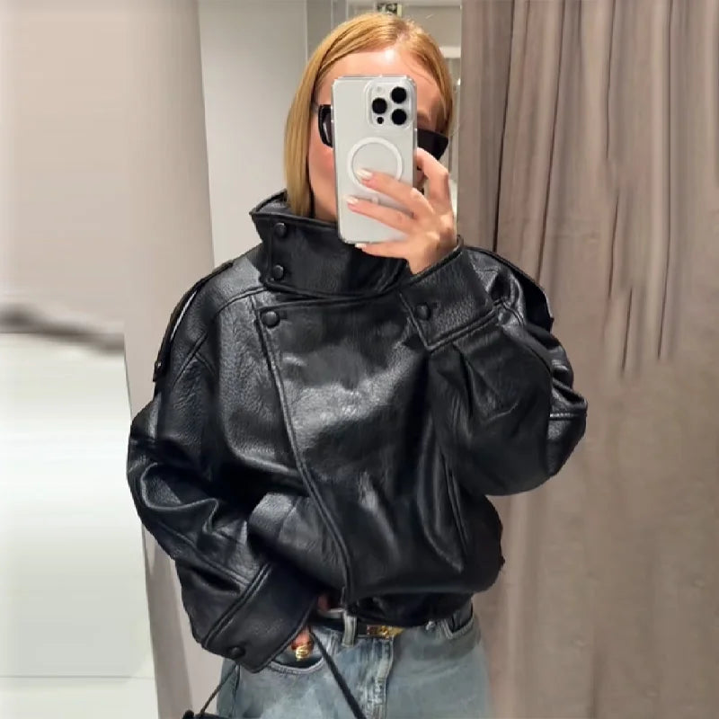 Stylish Pu Leather Jacket Stand-collar Loose Long Sleeved Coat Cool Casual Chic Versatile Outerwear New Autumn Women Streetwear