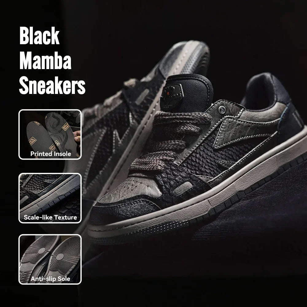 Maden Casual Snake Year Black Mamba Men's Sneakers Low-Top Flat Sole Versatile Black Shoes for Spring Autumn Skateboarding Shoes