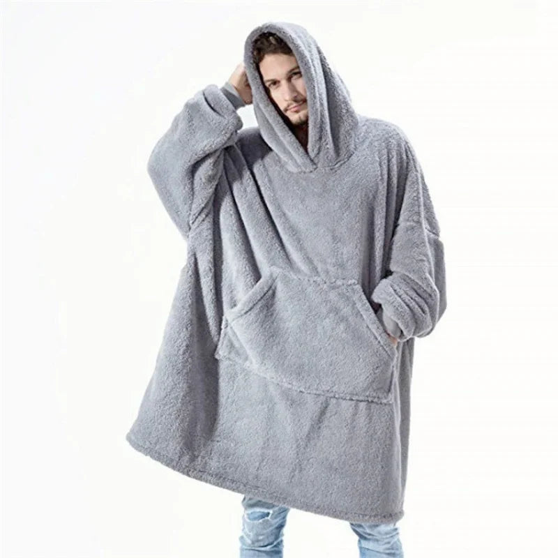 Winter Warm Unisex Double-faced Fleece Hooded Sweatshirts Casual Loose Long Thicken Pocket Pullover Batwing-sleeved Home Clothes