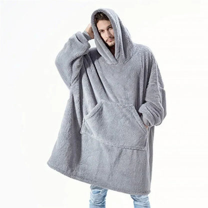 Winter Warm Unisex Double-faced Fleece Hooded Sweatshirts Casual Loose Long Thicken Pocket Pullover Batwing-sleeved Home Clothes