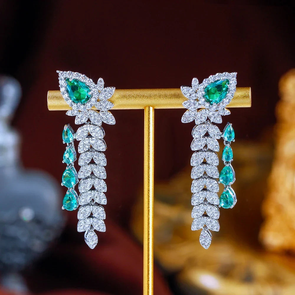 CWWZircons Dangling Leaf Drop Green Cubic Zirconia Luxury Long Earrings  for Women Beautiful Wedding Banquet Party Jewelry CZ959