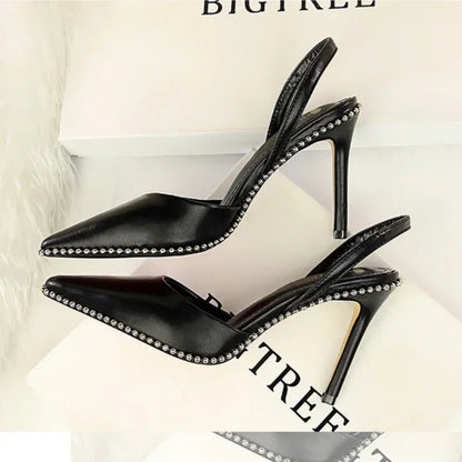 Branded Rivet Studded Beaded Design Sandals Women Summer Sexy Pointed Toe Thin High Heels Elegant Wedding Slide Pumps for Ladies