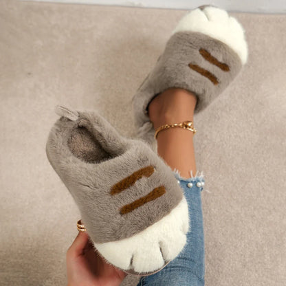 3D Cat Paw Plush Slippers Warm Slip-on House Shoes Anti Slip Flat Thermal Slippers Furry Paw Couple Slippers for Autumn Winter