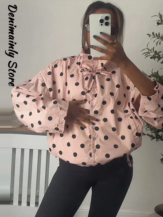 Casual Polka Dot Drawstring Jacket Women Lace Up Stand Collar Full Sleeve Single Breast Jacket 2026 Spring Lady Commute Coat New