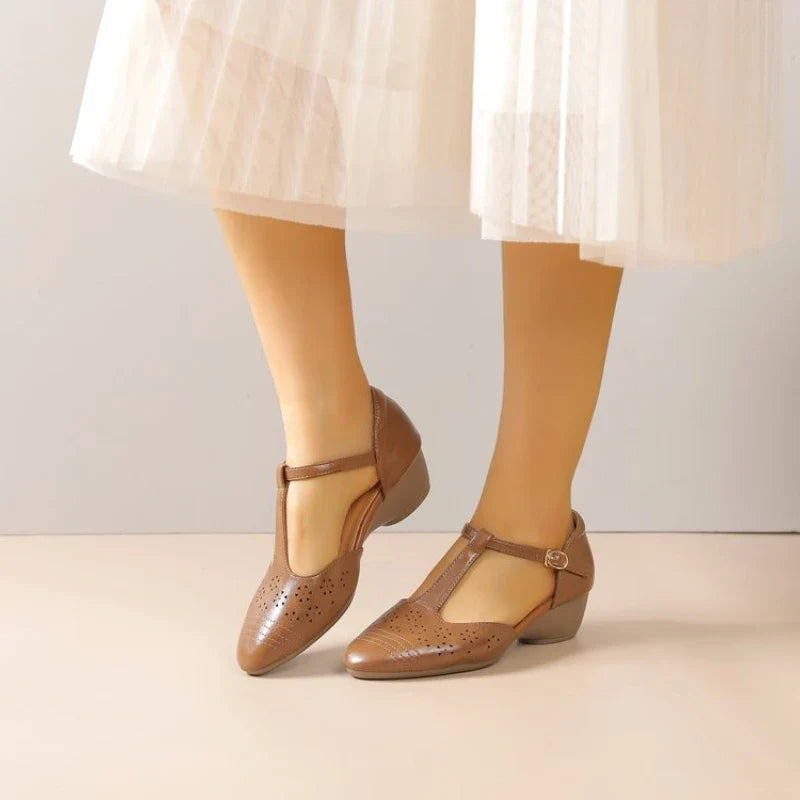 Women's Plus Size Retro Cutout Wedge Loafers, Adjustable T-Strap Breathable Pumps for Summer Daily & Commute