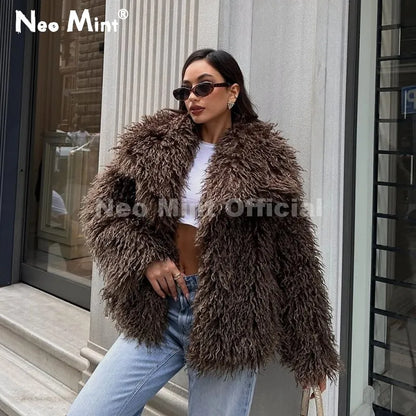 Neo Mint 2025 Winter Lulicore Fashion Brown Faux Fur Coat Women Chic Autumn Warm Fluffy Sheep Fur Jacket Big Fur Collar Overcoat