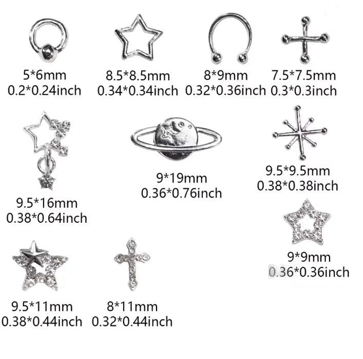 80PCS Star Nail Charms for Acrylic Nails,Silver Star Planet Cross Alloy Nail Art Decoration, Nail Stones Nail Jewels Accessorie