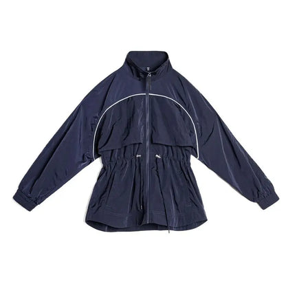 Maden Women's Lightweight Stand Collar Short Windbreaker Jacket Navy Blue Contrast Parka with Waist Cinching for Spring and Fall